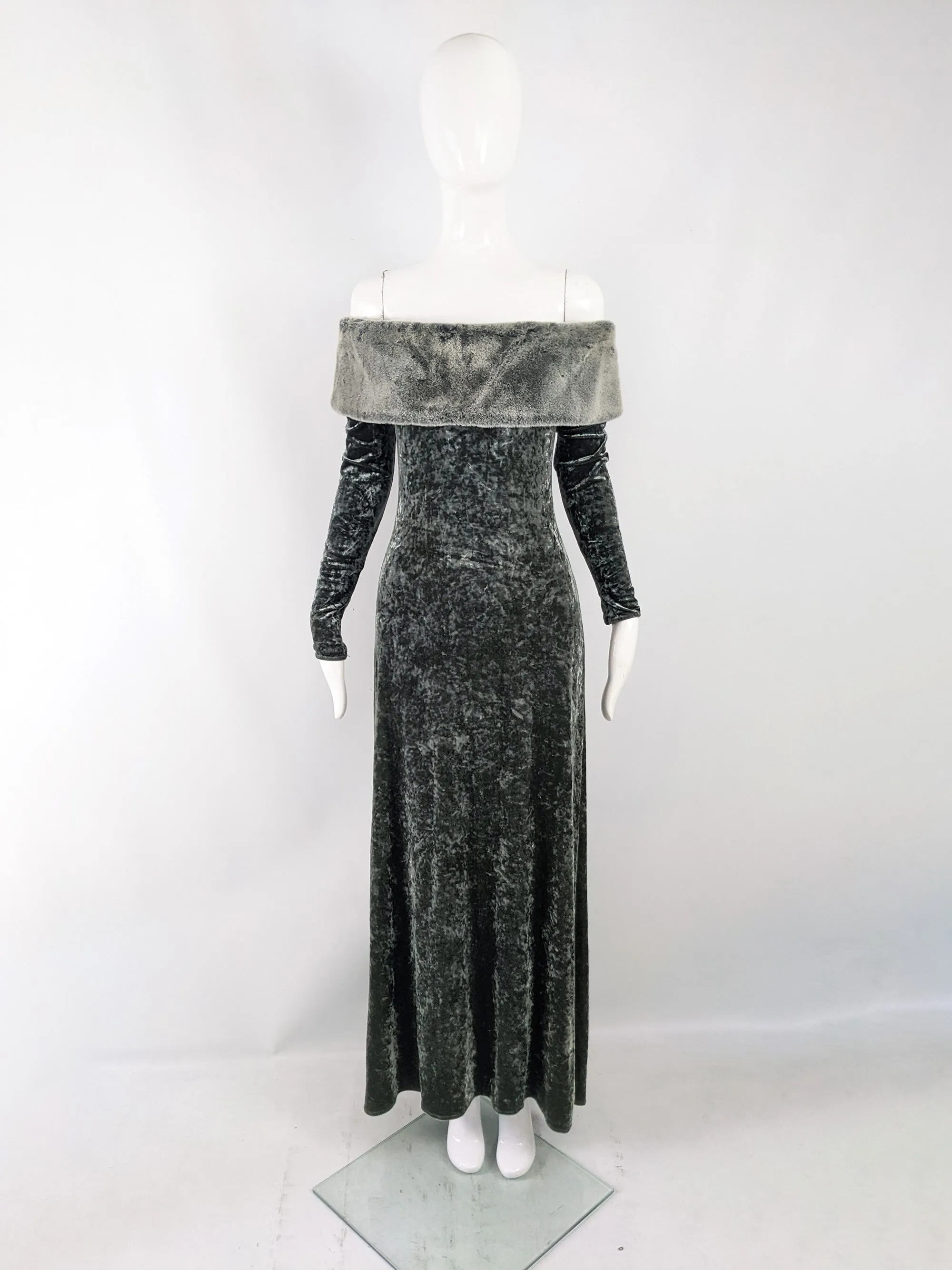 Harrods Vintage Crushed Velour & Faux Fur Evening Gown, 1980s