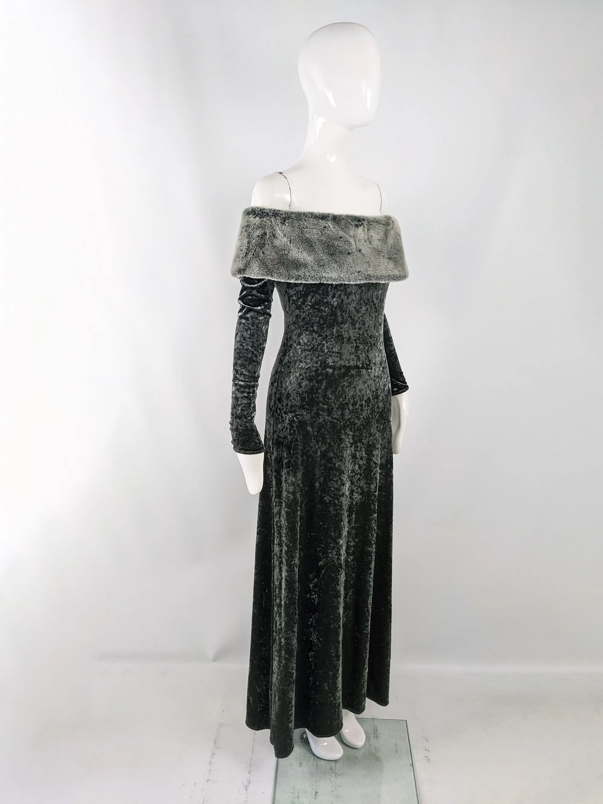 Harrods Vintage Crushed Velour & Faux Fur Evening Gown, 1980s