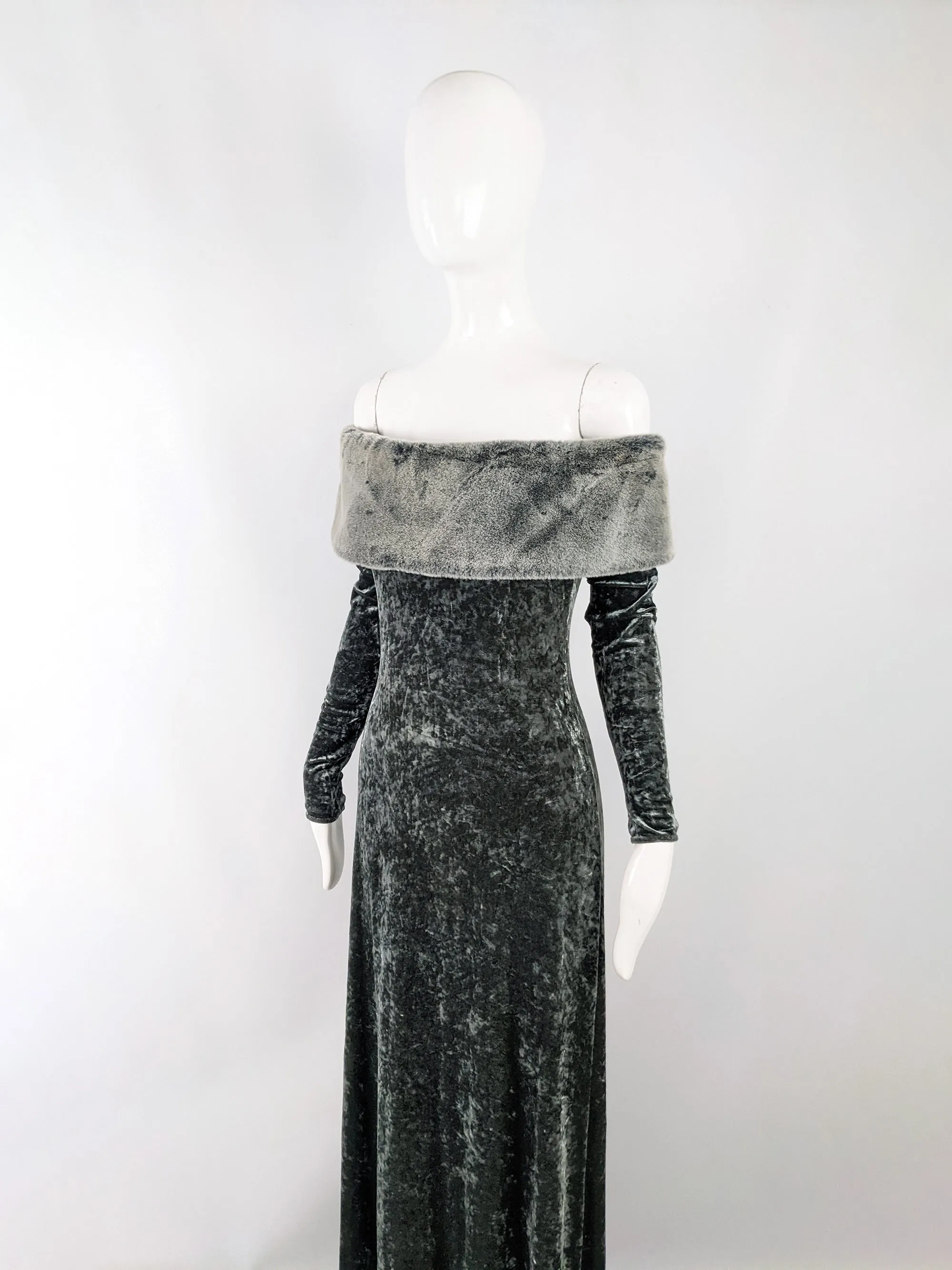 Harrods Vintage Crushed Velour & Faux Fur Evening Gown, 1980s