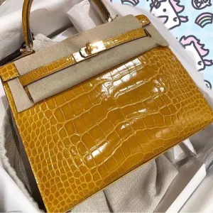 Hermès Kelly 25 Jaune Ambre Sellier Alligator Mississippi Lisse Gold Hardware GHW