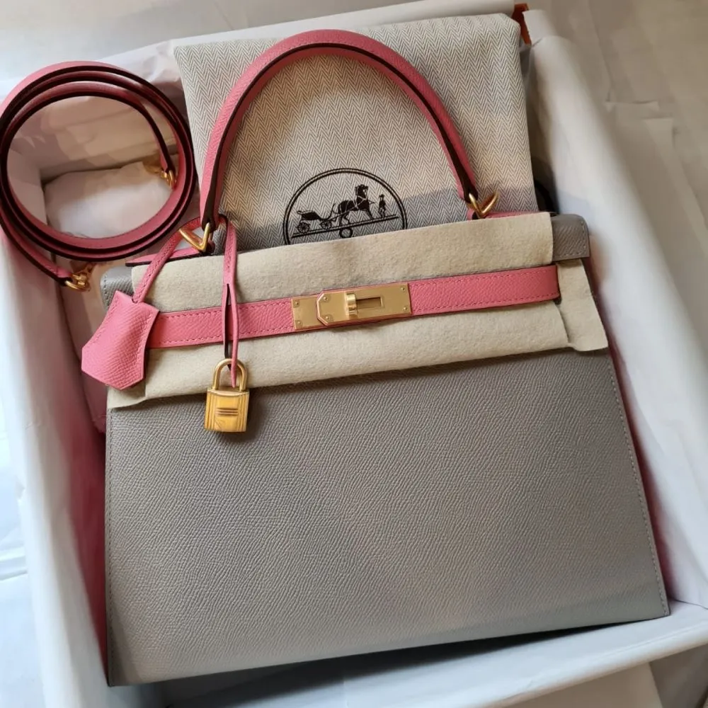 Hermès Kelly HSS 28 Gris Etain/Rose Azalee Sellier Epsom Brushed Gold Hardware BGHW