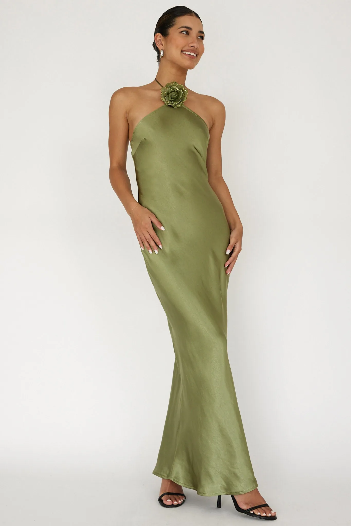 High Roller Flower Decoration Halter Dress Olive