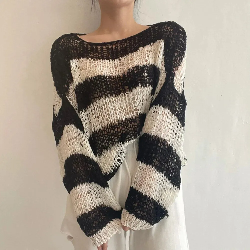 Hit Color Striped Sweaters For Women Round Neck Long Sleeve Loose Casual Sun Protection Sweater Female Clothin