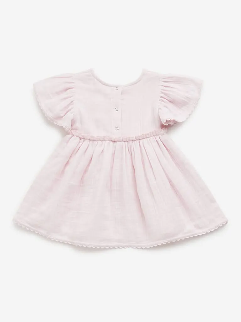 HOP Baby Pink Floral Embroidered A-Line Cotton Dress