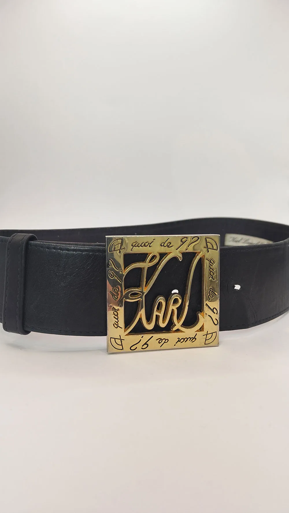 Karl Lagerfeld Vintage Gold & Black Leather Logo Belt, 1980s