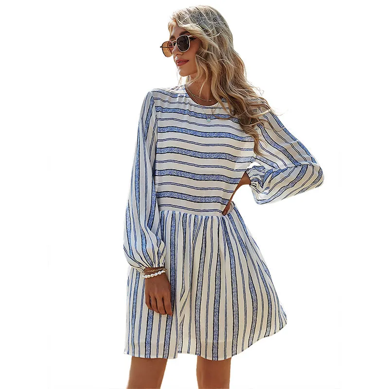 KittenAlarm - Women's Casual Stitching High Waist A-line Skirt Loose Striped Dress