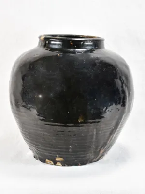 Large decorative antique pot with black glaze and ribbed base 14½"