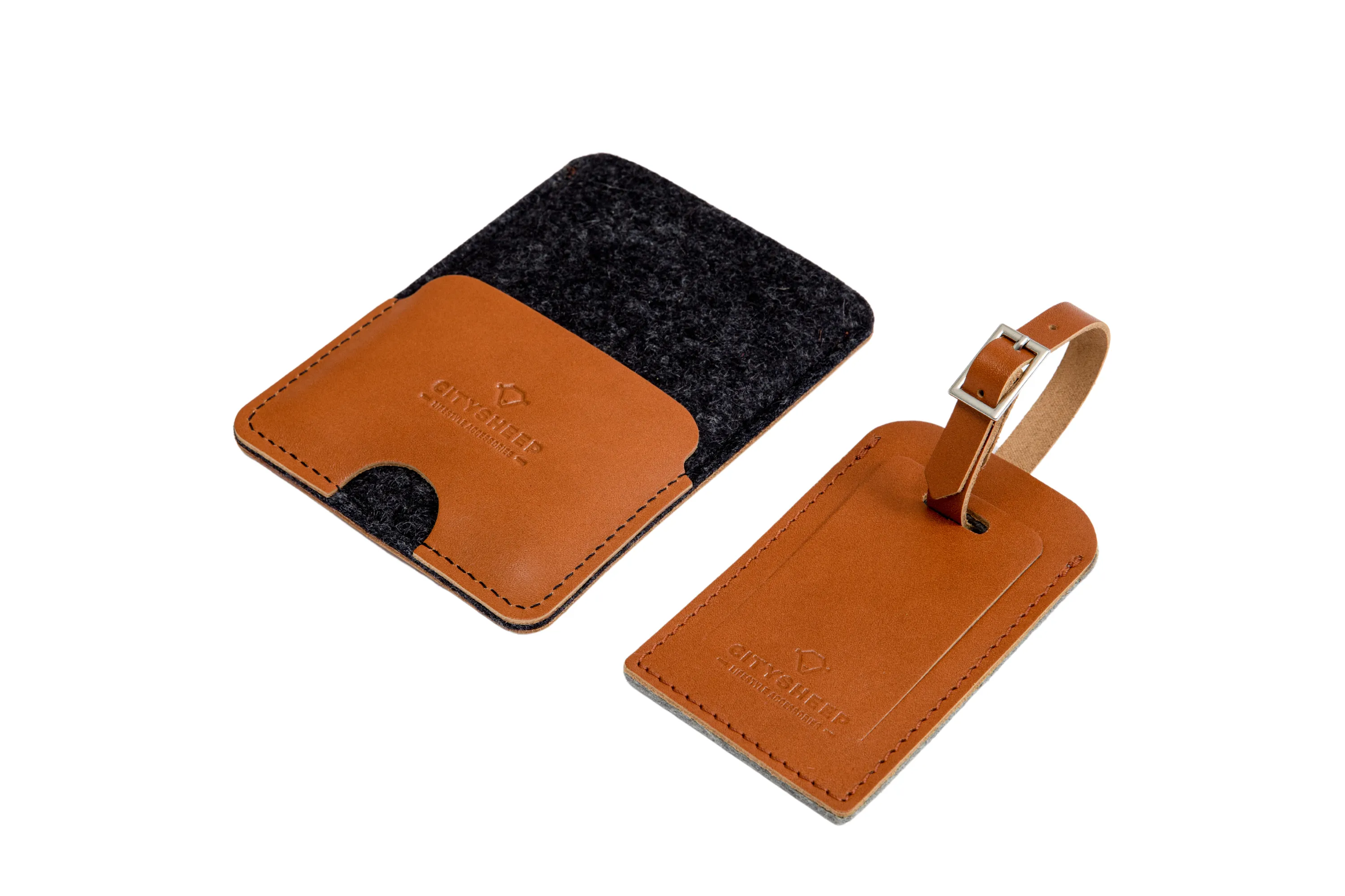 Leather luggage tag/ vegetable tanned dark felt