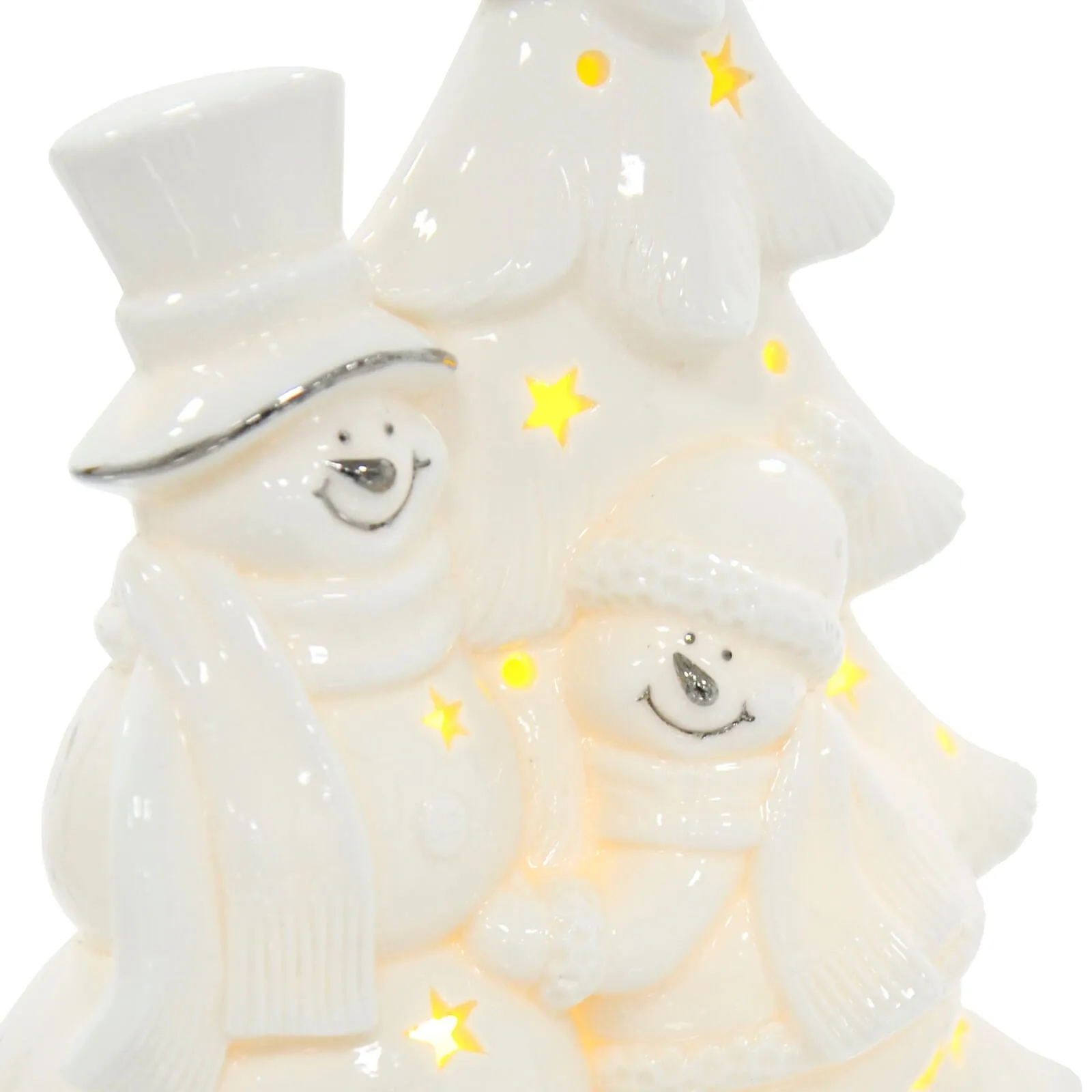 LED Snowman With Christmas Tree Decoration White Ceramic 23cm