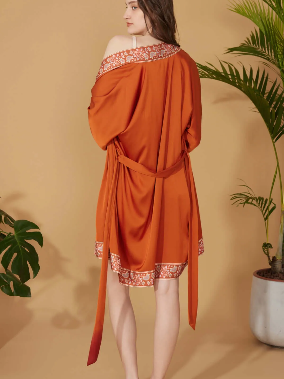 Luxuriously Orange Embellished Flower Short Robe