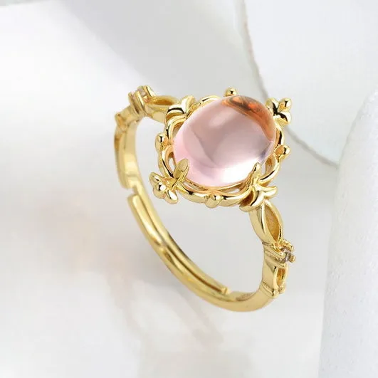 Luxury Oval Pink Crystal Opening Silver Ring