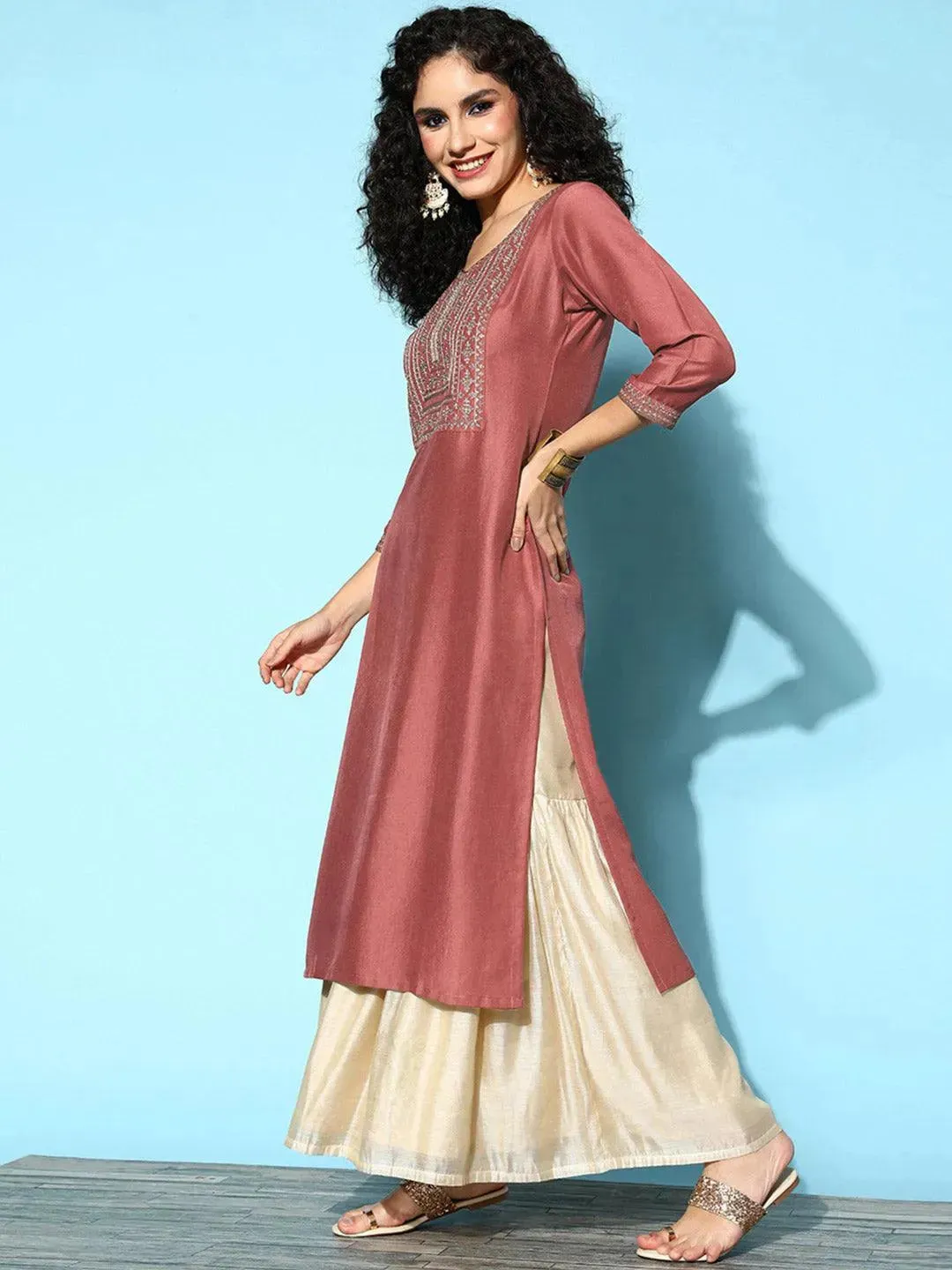 Mauve Yoke Design Silk Straight Kurta