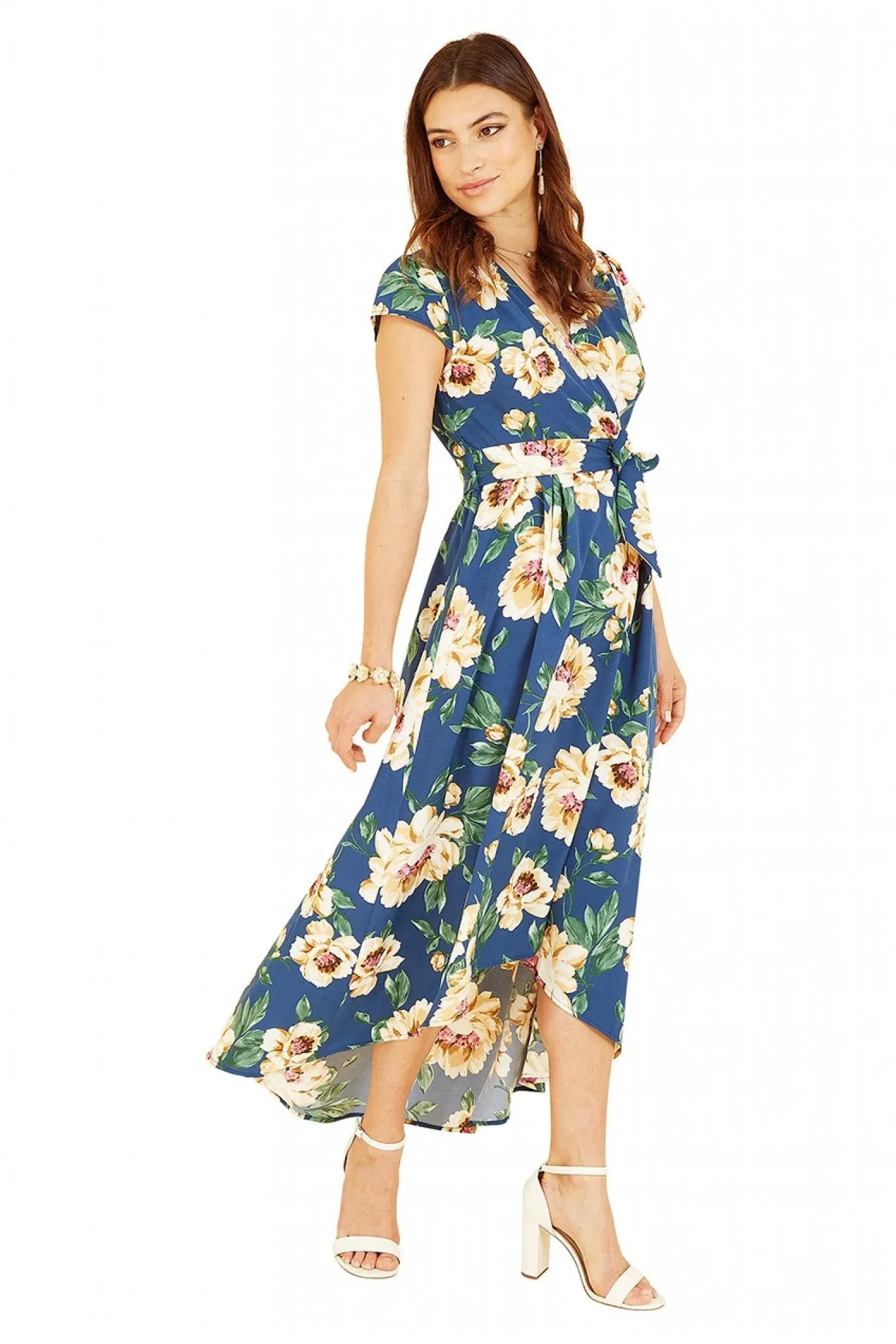 Mela London Blue Painted Floral Print Dipped Hem Wrap Dress