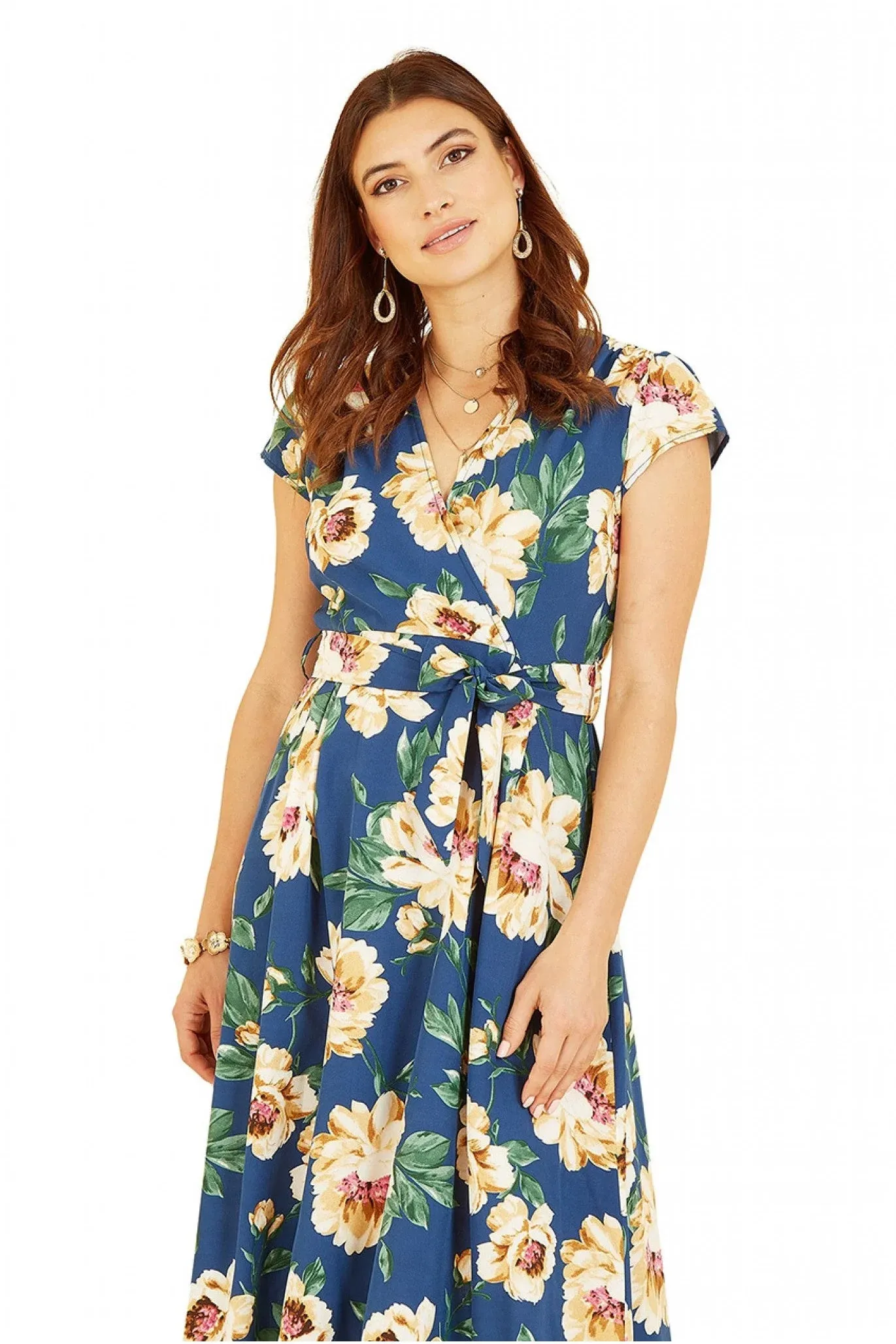 Mela London Blue Painted Floral Print Dipped Hem Wrap Dress