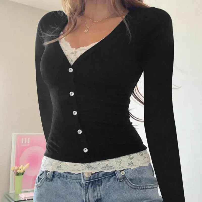 Metaversmall Korean Fashion Skinny Spring Autumn Women T-shirts Lace Patchwork Basic Buttons Top Tee Long Sleeve Contrast Y2K Cute