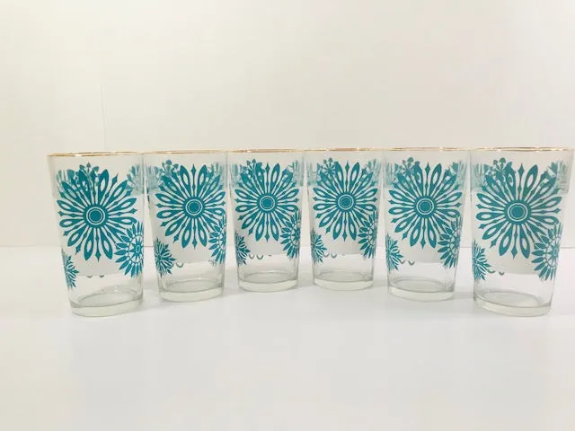 Mid-Century Atomic Turquoise Flower and Frosted White 7-Piece Cocktail Set