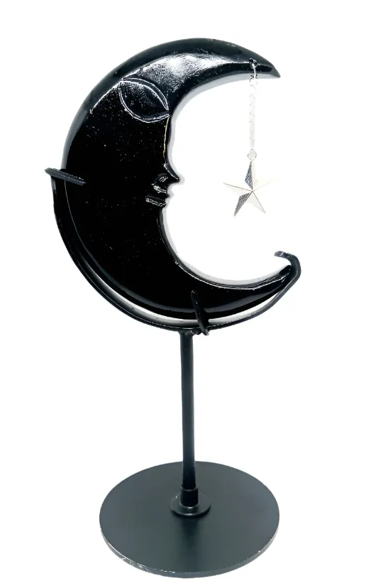 Obsidian Crystal Moon with  Metal Stand