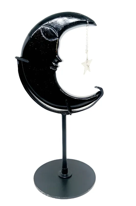 Obsidian Crystal Moon with  Metal Stand