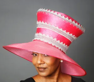 OE0027-Diamond trimed ladies church hat in bright pink satin