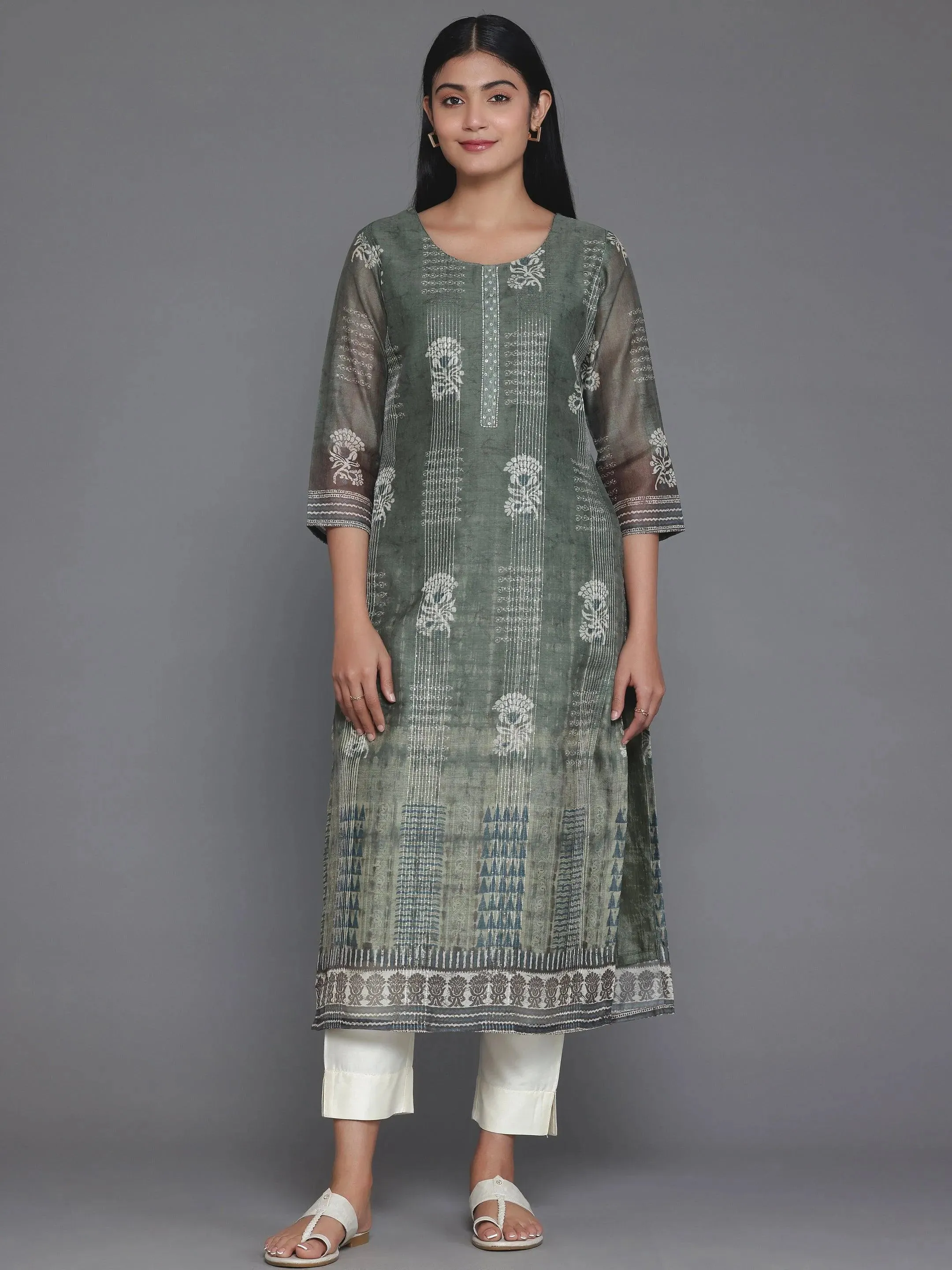 Olive Printed Chanderi Silk Straight Kurta