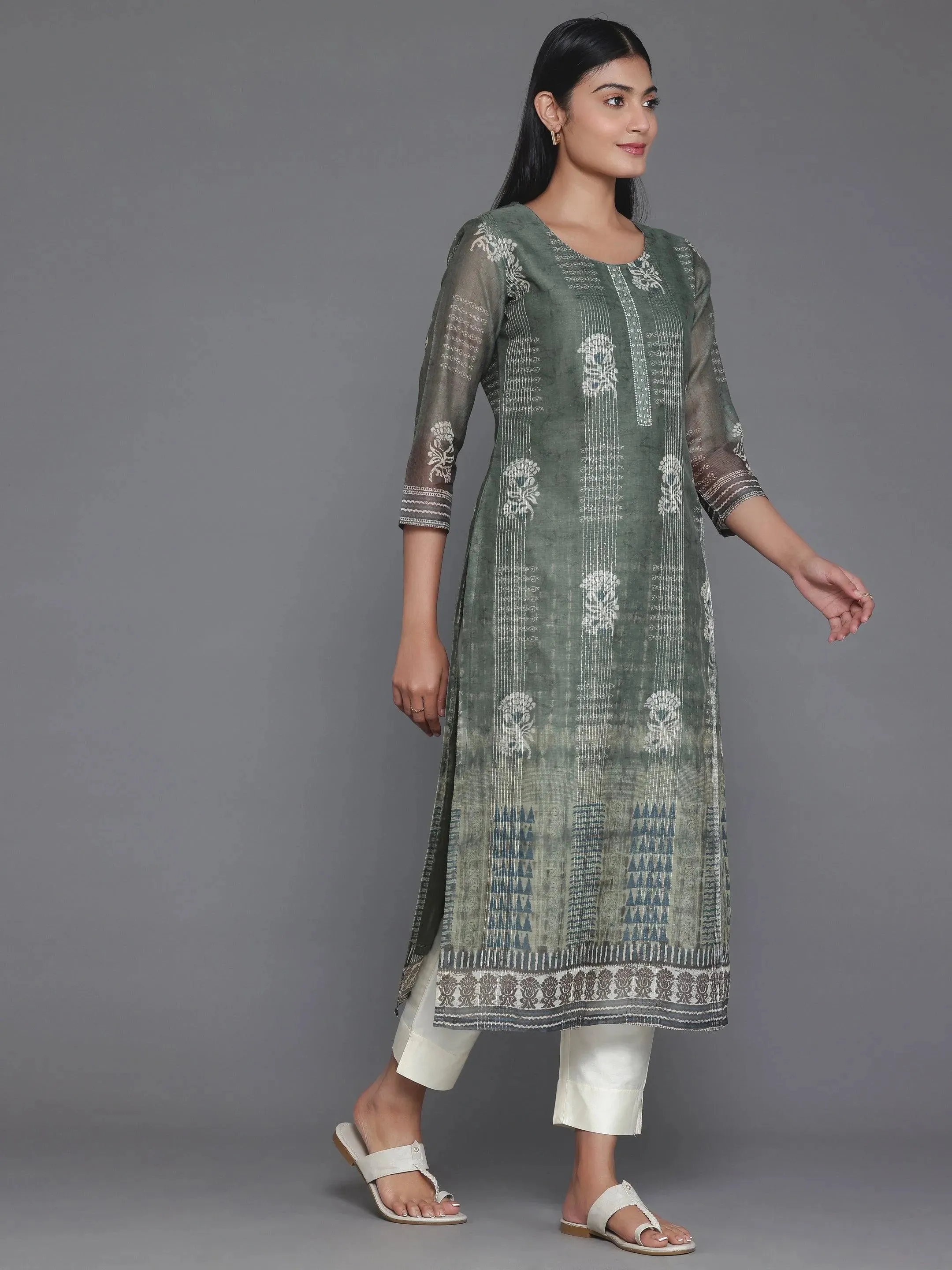 Olive Printed Chanderi Silk Straight Kurta