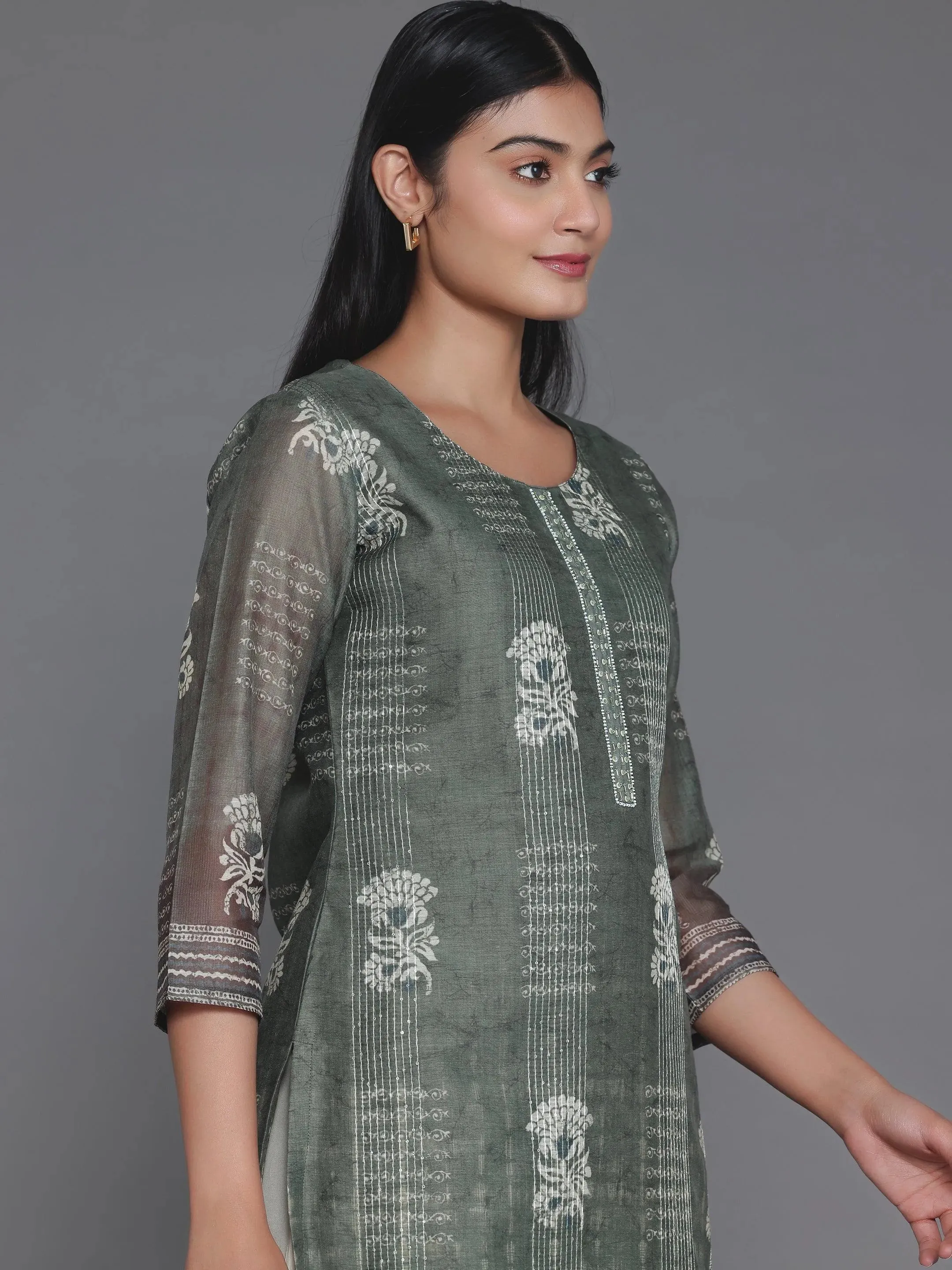 Olive Printed Chanderi Silk Straight Kurta