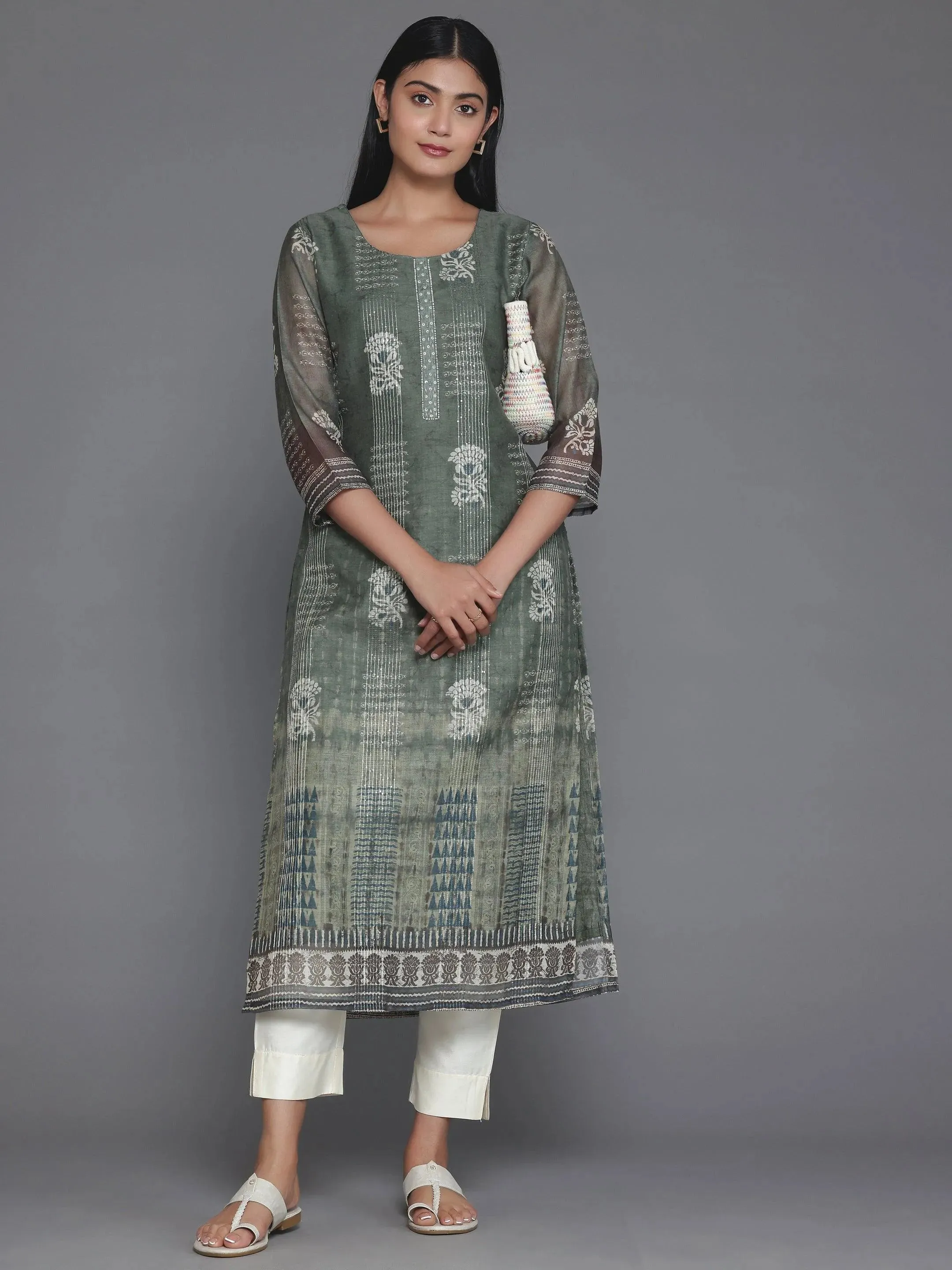 Olive Printed Chanderi Silk Straight Kurta