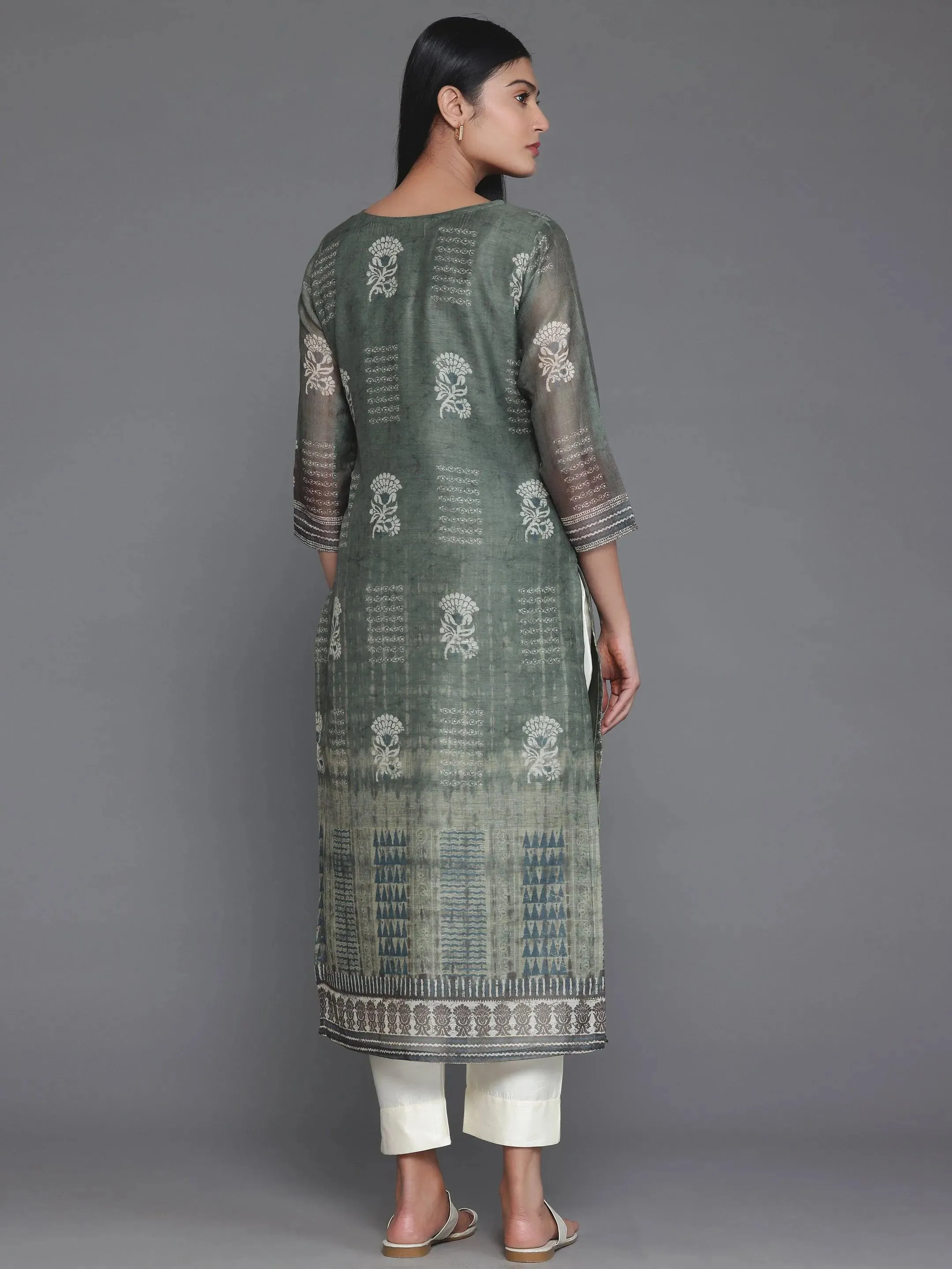 Olive Printed Chanderi Silk Straight Kurta