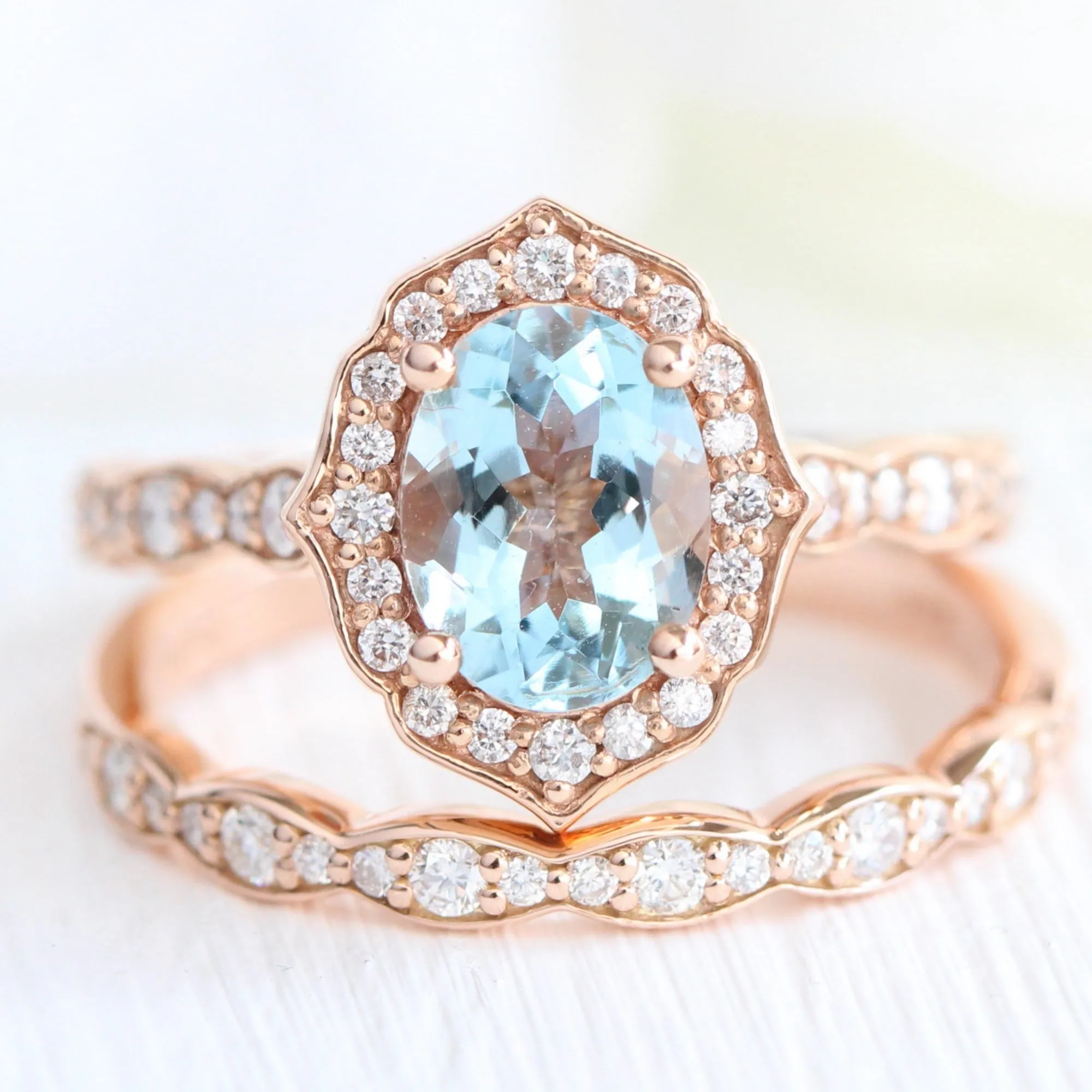 Oval Aquamarine Diamond Ring in Vintage Floral Scalloped Band