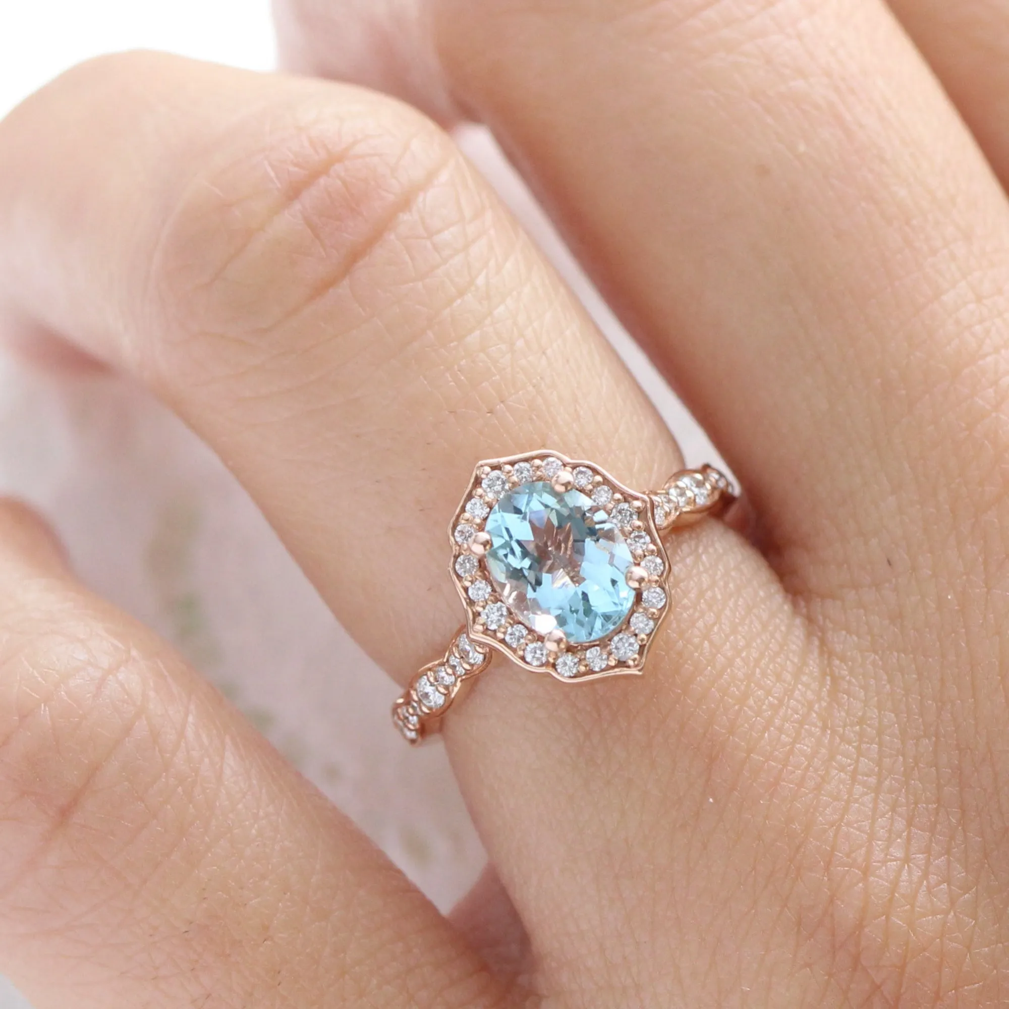 Oval Aquamarine Diamond Ring in Vintage Floral Scalloped Band