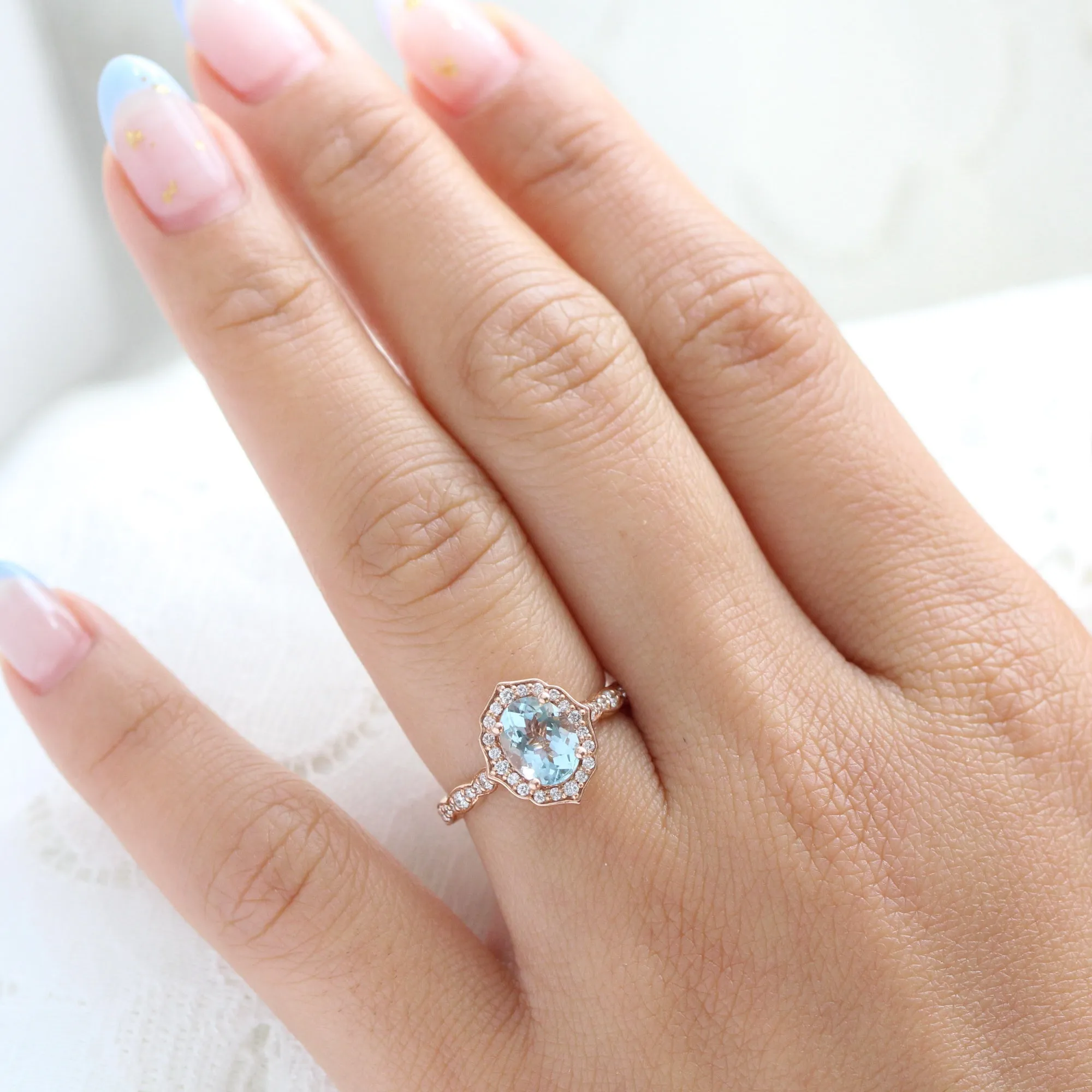 Oval Aquamarine Diamond Ring in Vintage Floral Scalloped Band