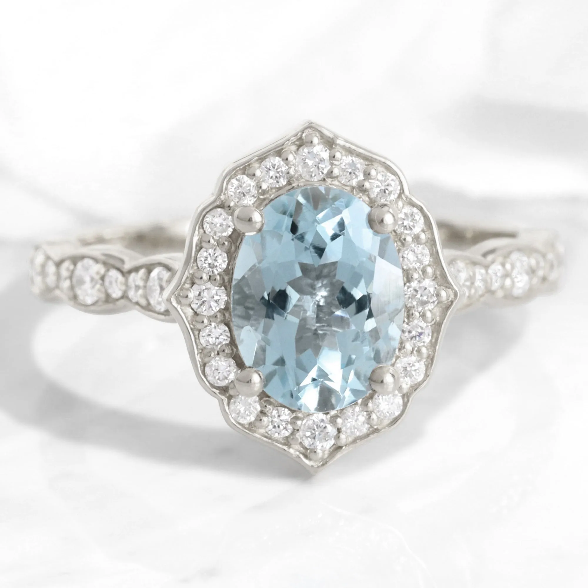 Oval Aquamarine Diamond Ring in Vintage Floral Scalloped Band