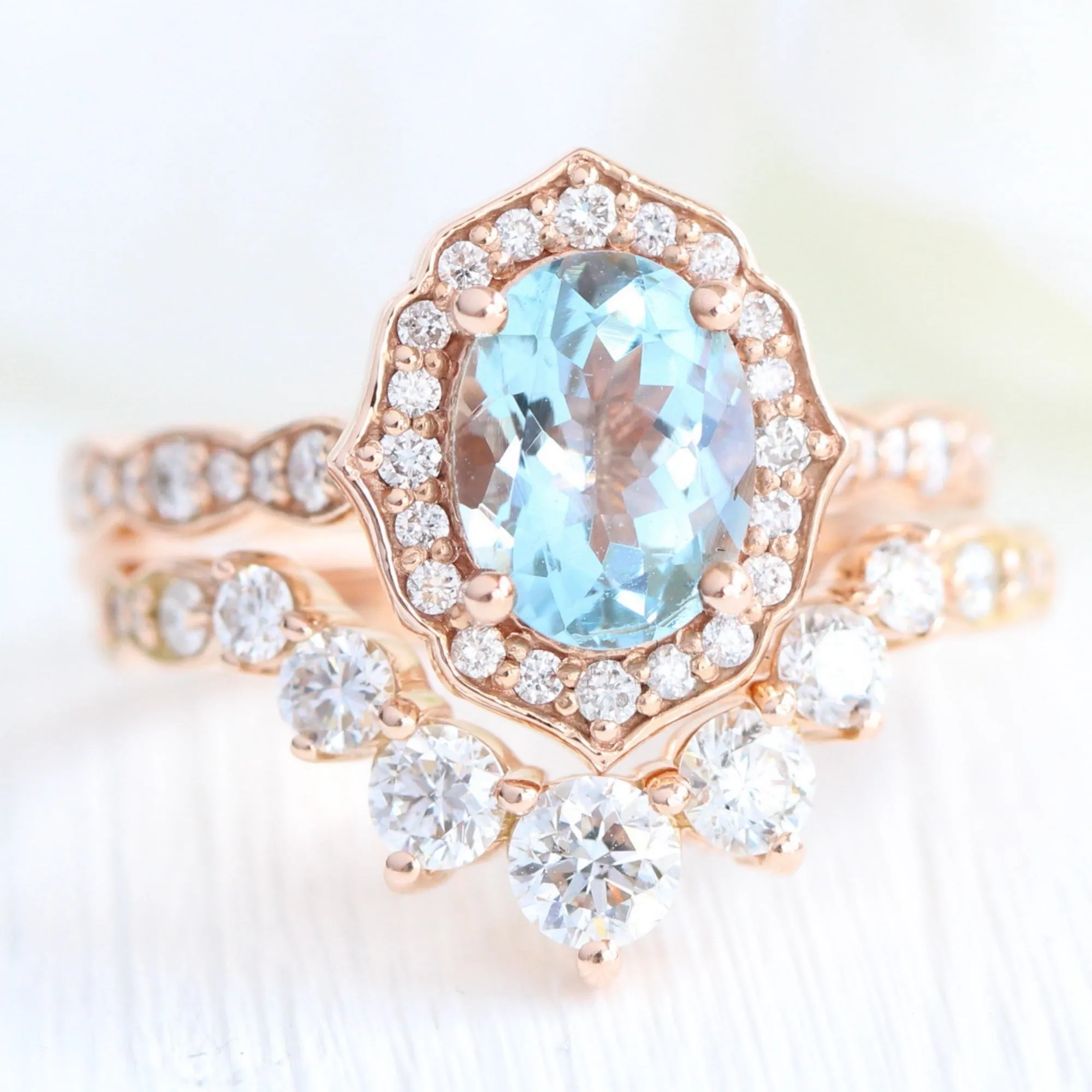 Oval Aquamarine Diamond Ring in Vintage Floral Scalloped Band