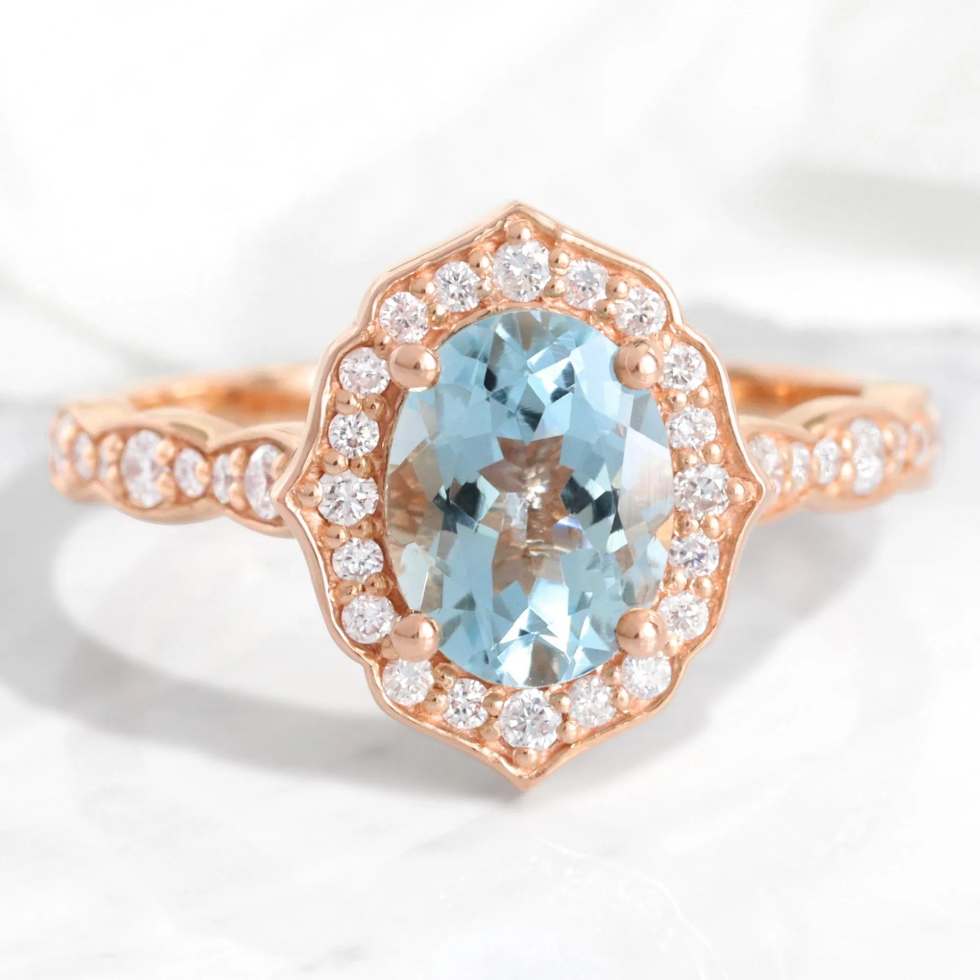 Oval Aquamarine Diamond Ring in Vintage Floral Scalloped Band