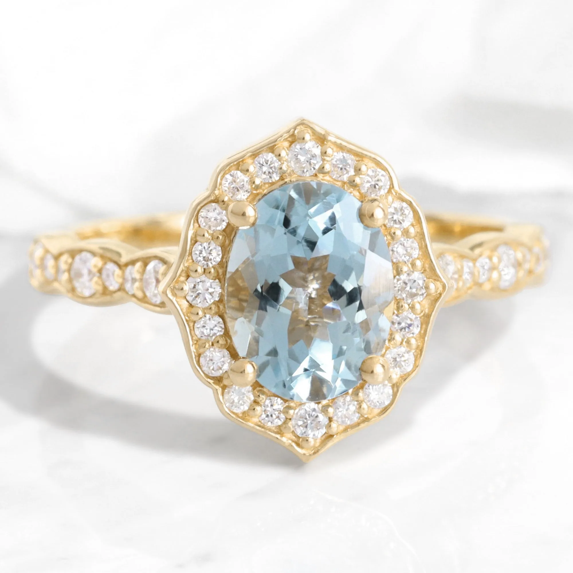 Oval Aquamarine Diamond Ring in Vintage Floral Scalloped Band