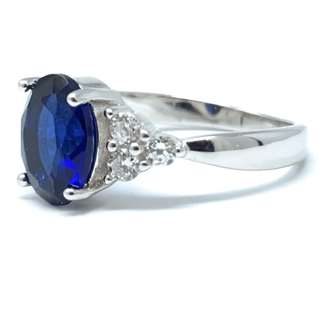 Oval Blue Sapphire & CZ .925 Sterling Silver Ring