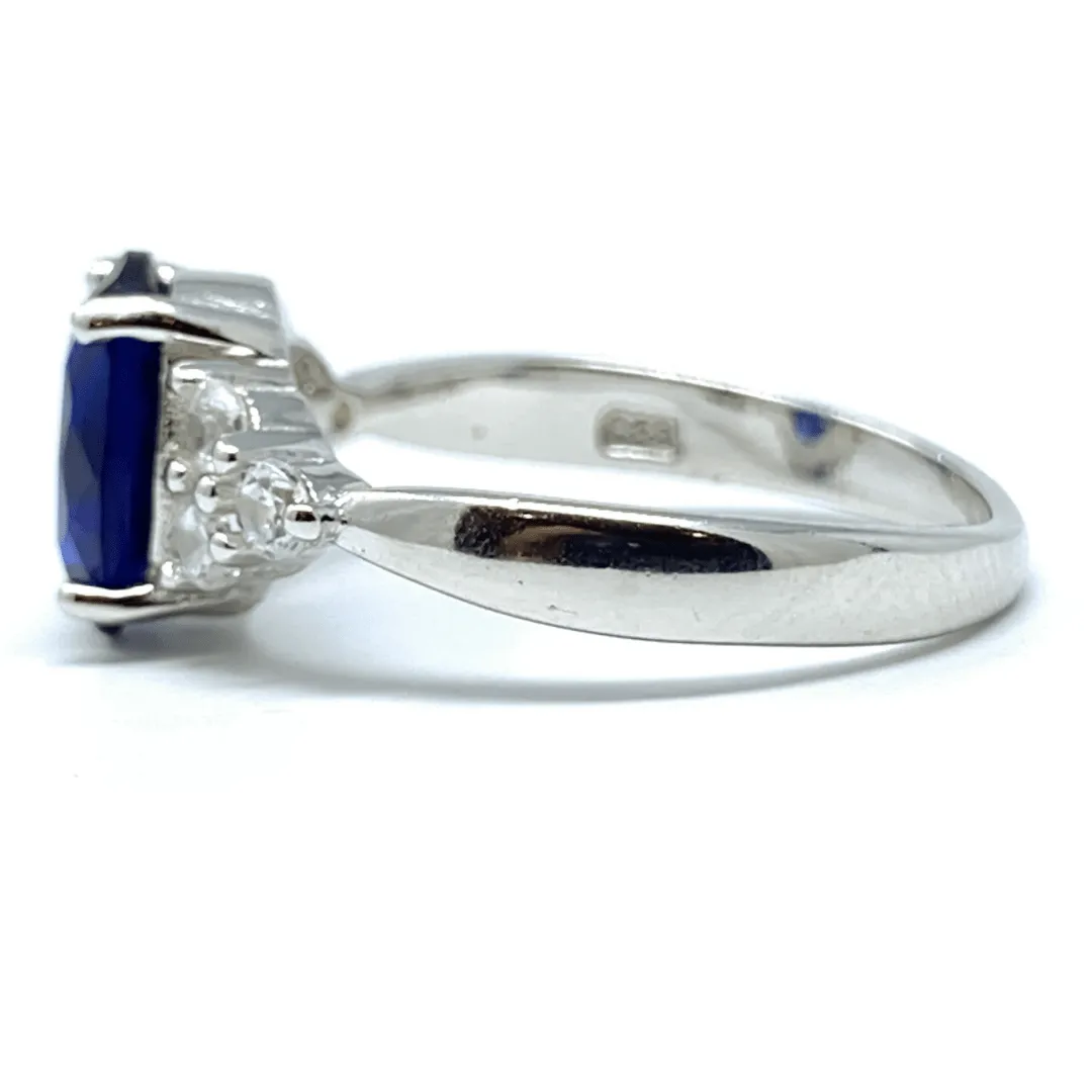 Oval Blue Sapphire & CZ .925 Sterling Silver Ring