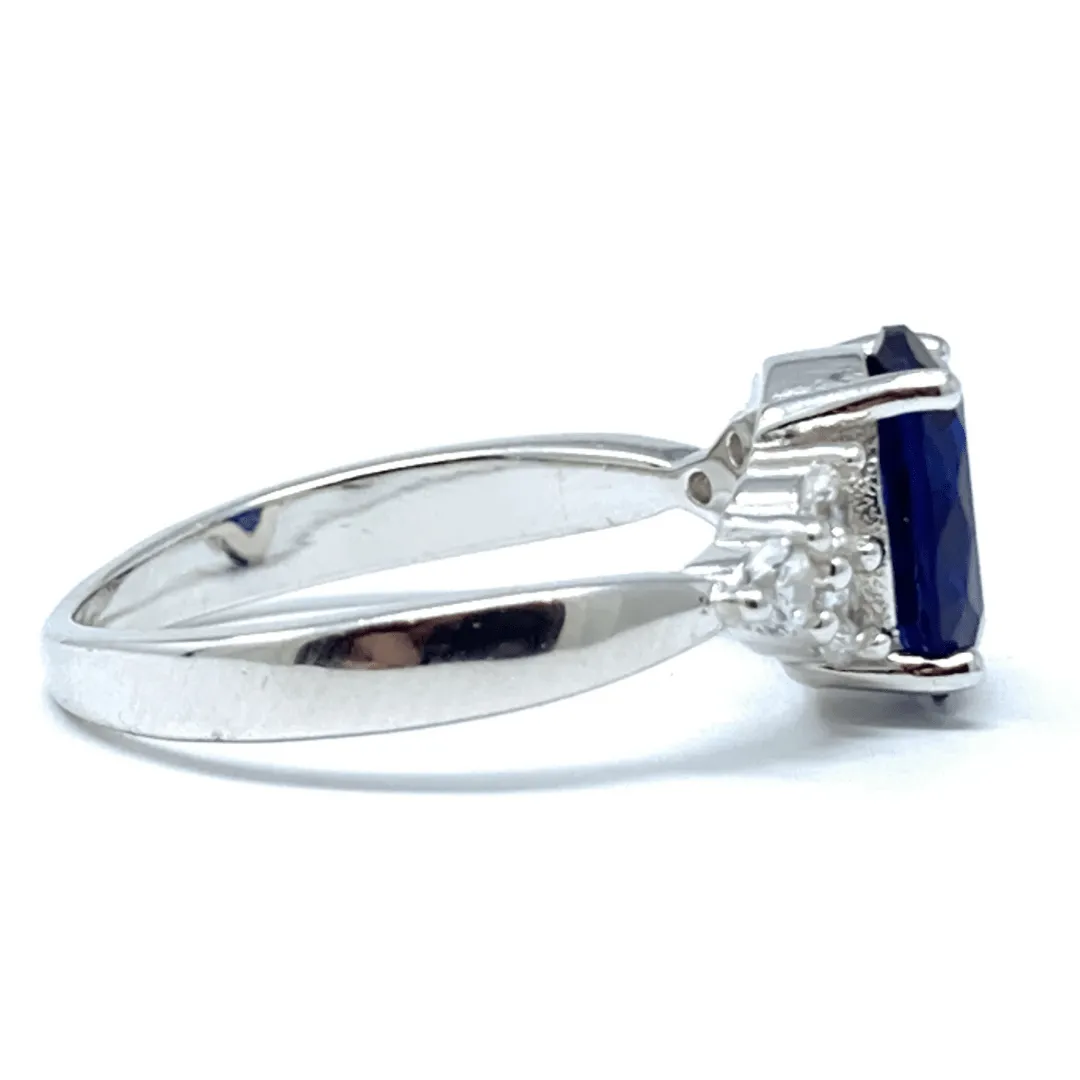 Oval Blue Sapphire & CZ .925 Sterling Silver Ring