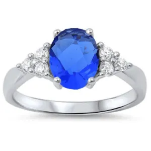 Oval Blue Sapphire & CZ .925 Sterling Silver Ring