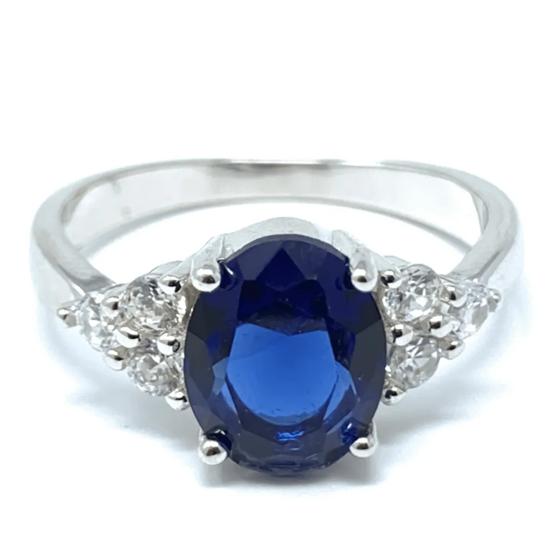 Oval Blue Sapphire & CZ .925 Sterling Silver Ring