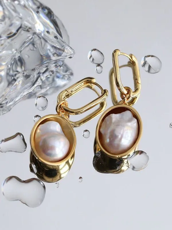 Oval Drop Baroque Shaped Pearl Earrings