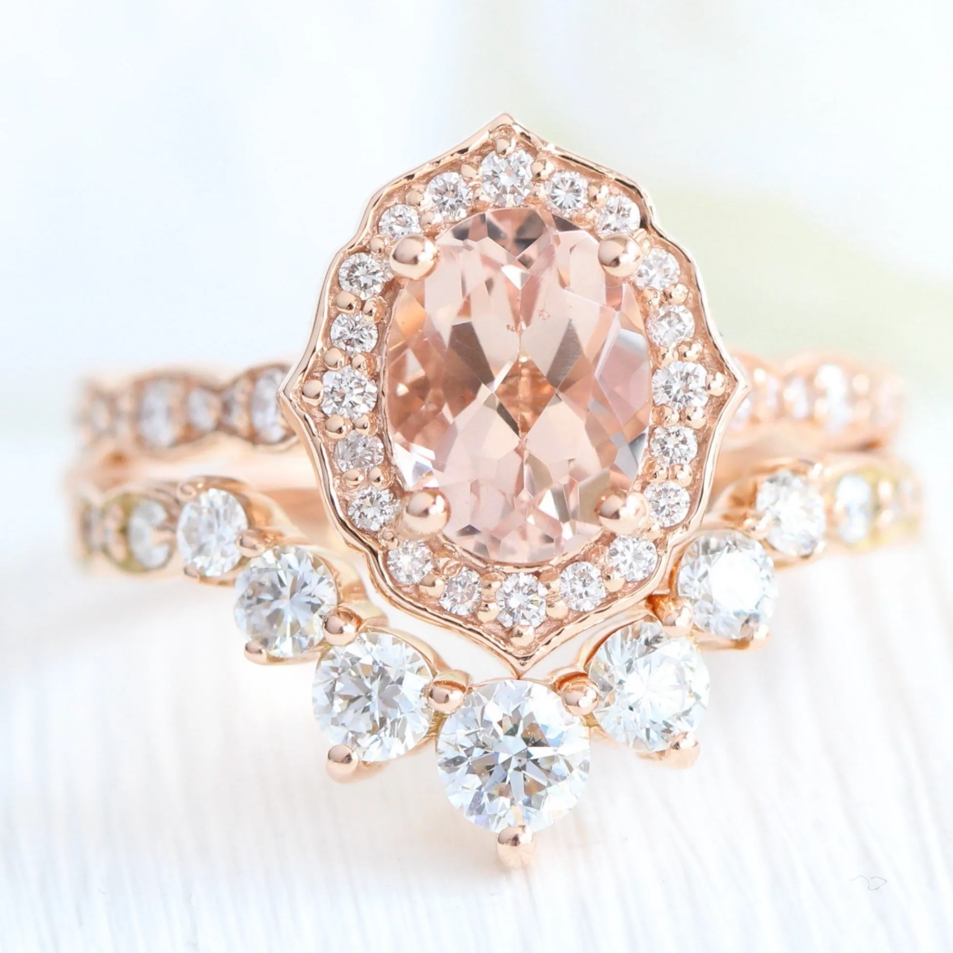 Oval Morganite and Diamond Ring in Vintage Floral Scalloped Band