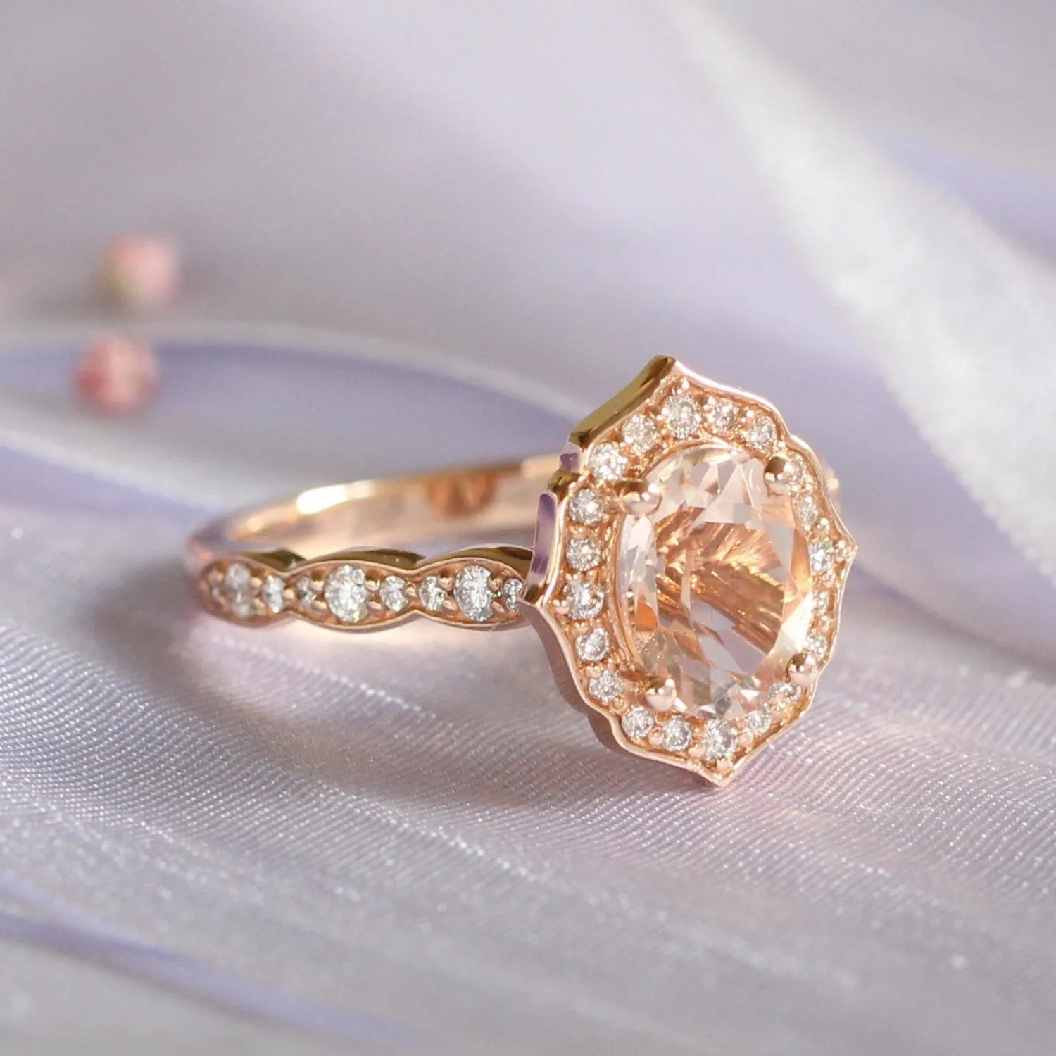 Oval Morganite and Diamond Ring in Vintage Floral Scalloped Band