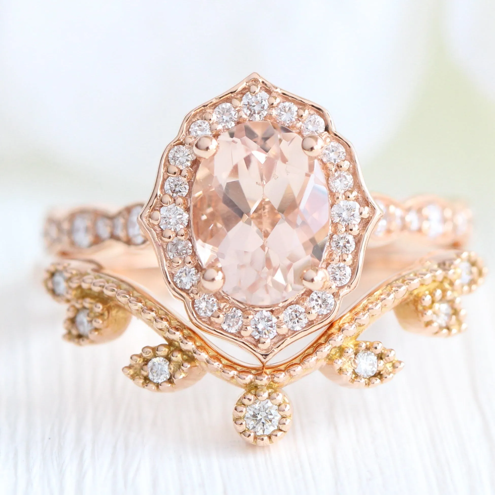 Oval Morganite and Diamond Ring in Vintage Floral Scalloped Band