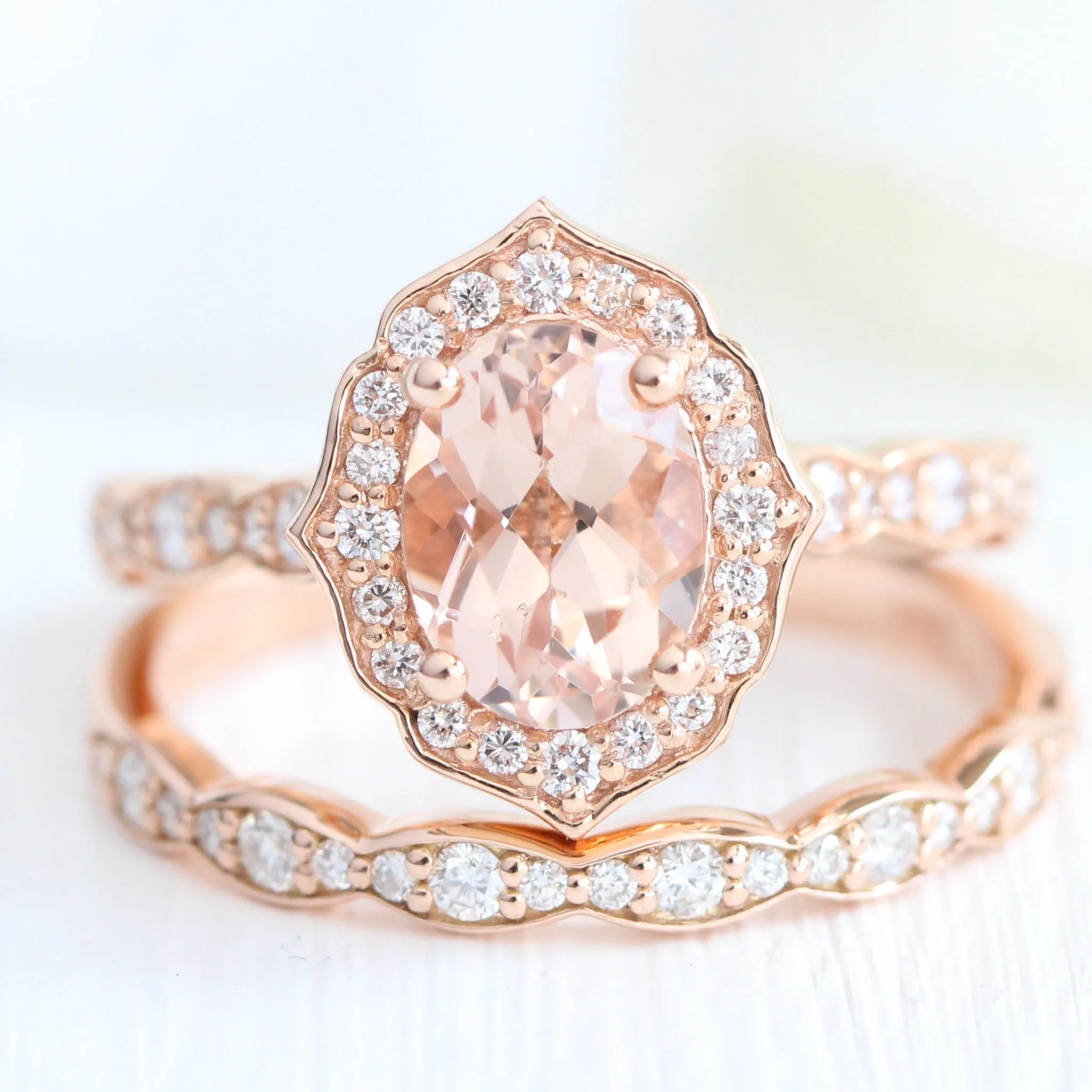 Oval Morganite and Diamond Ring in Vintage Floral Scalloped Band