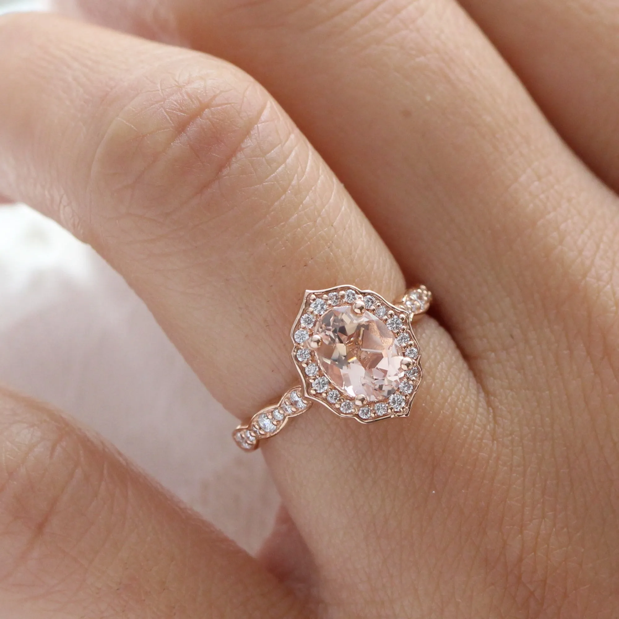 Oval Morganite and Diamond Ring in Vintage Floral Scalloped Band