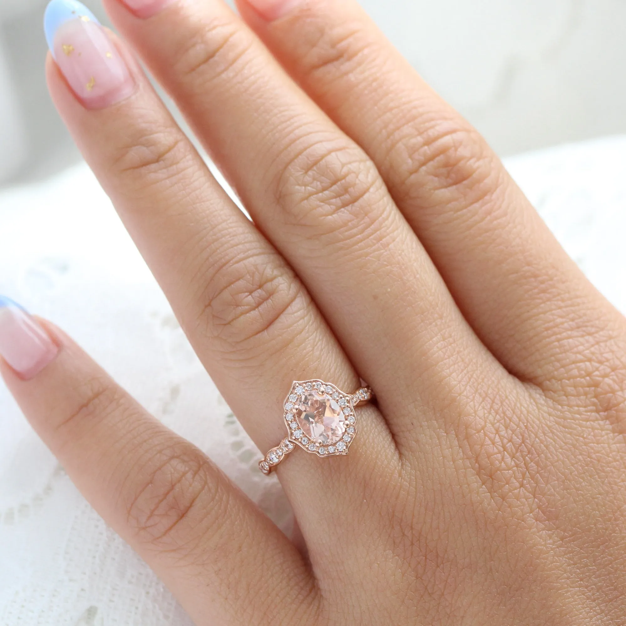 Oval Morganite and Diamond Ring in Vintage Floral Scalloped Band