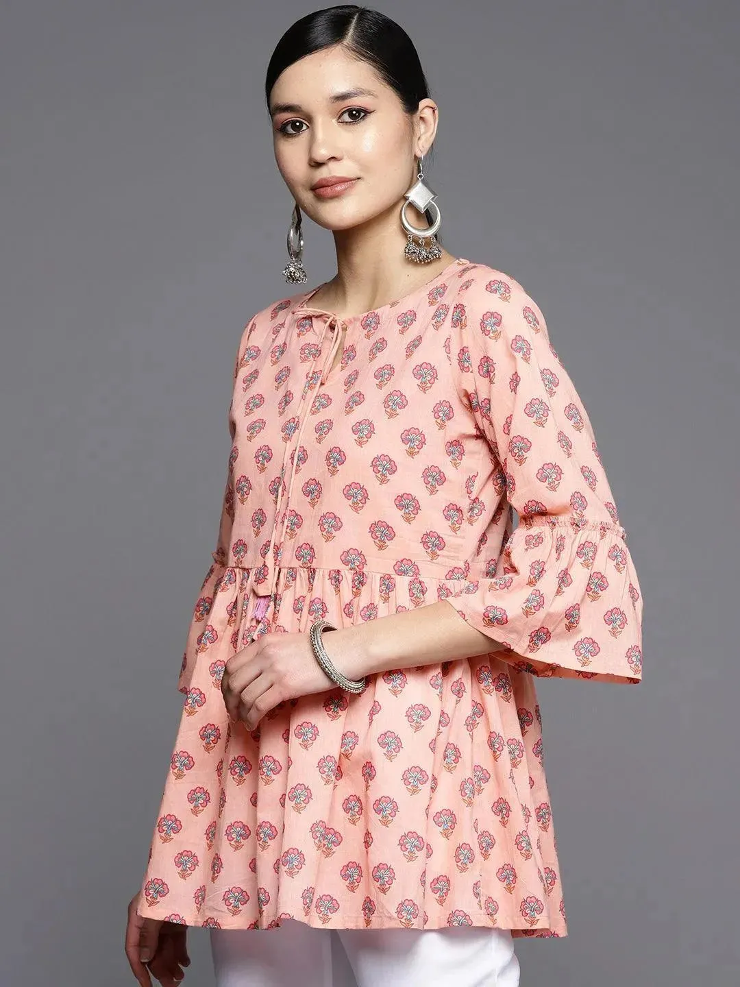 Peach Printed Cotton A-Line Kurti