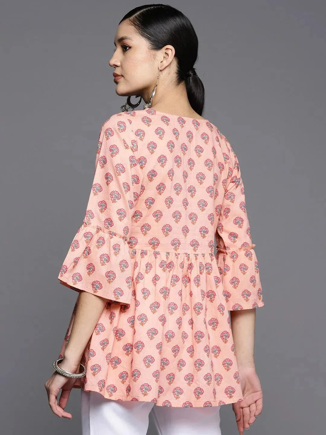 Peach Printed Cotton A-Line Kurti