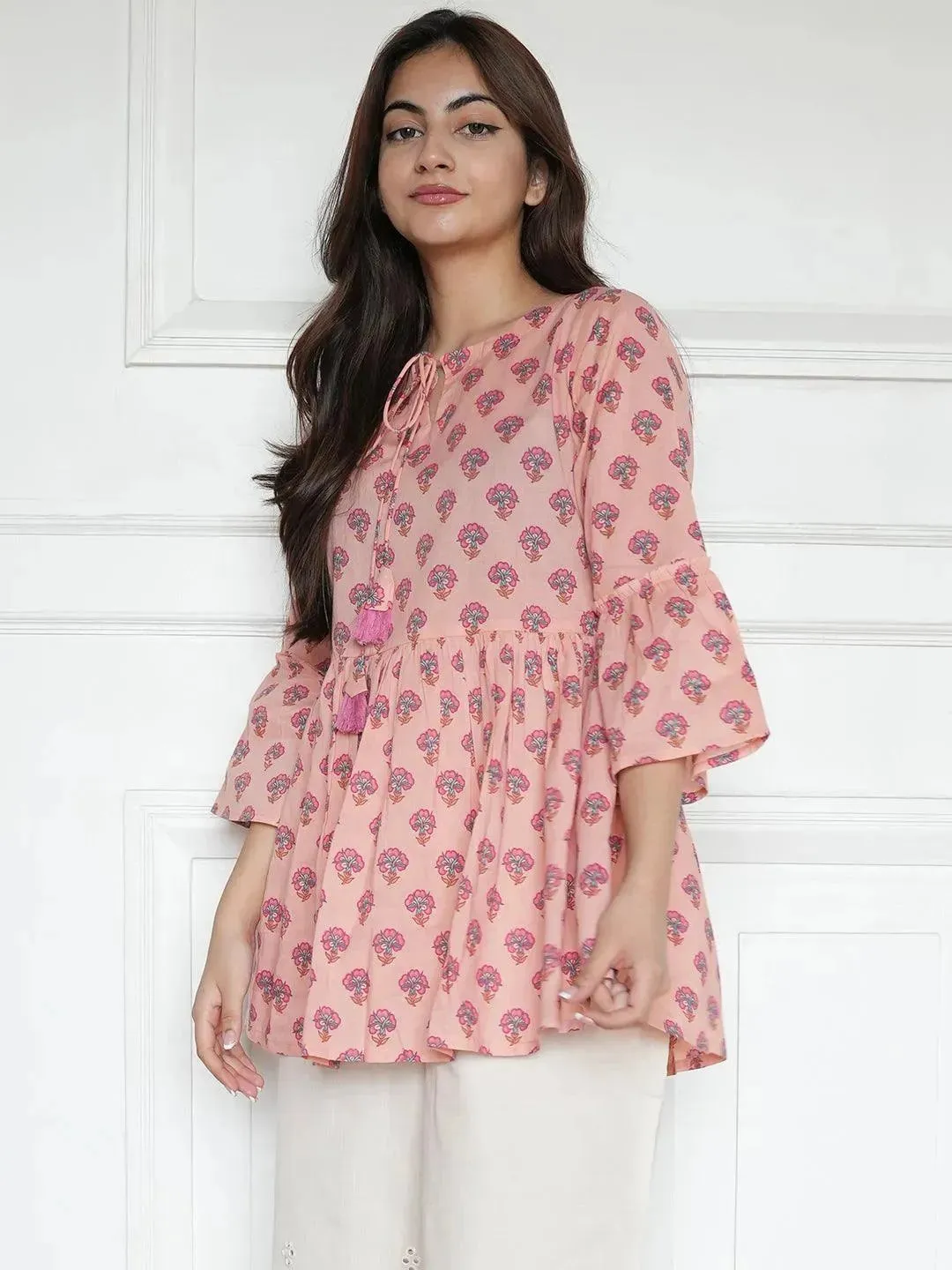 Peach Printed Cotton A-Line Kurti